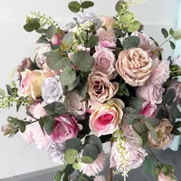 Boule de fleurs artificielle en soie rose de 60 cm, grande rose, arrangement de table, décoration de toile de fond de mariage avec feuilles vertes
