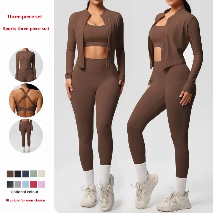European American Style Three-Piece V-neck High-Waisted Quick Dry Sports Yoga Suit Set for Women Solid Color Brushed Front