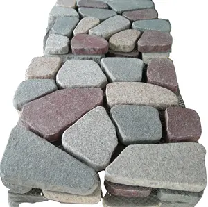 Natural Granite Cobble Stone Pattern Red Granite Pattern Back On Mesh Outdoor Granite Floor Paver