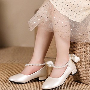 Nouvelles chaussures Mary Jane pour filles, style princesse, avec bride de cheville en perles, nœud en ruban blanc, pour spectacle et fête - Product Image 4