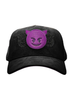 Nouvelle Casquette de Baseball Noire Effet Daim avec Patch Visage de Diable Violet Original et Strass, Style Gothique EDLG, Casquette Trucker