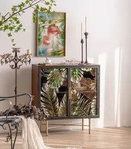 Buffet en bois Vintage meubles de maison porte en verre Transparent armoire de rangement à 2 niveaux avec Base de croisement en métal