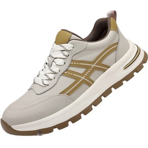 Chaussures de marche pour hommes en cuir véritable avec doublure en maille, talon bas, motif géométrique, respirantes, antidérapantes, résistantes aux chocs et amorties - Product Image 5