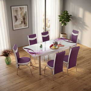 Modern 6 Piece <b>Wood</b> <b>Dining</b> Room Set with Tempered Glass <b>Table</b> and Purple Chairs <b>Extendable</b> Design for Home Use - Product Image 6