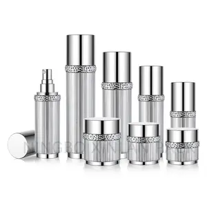 shinny silver bottle high quality full series cosmetic packaging luxury jars and bottles make up container