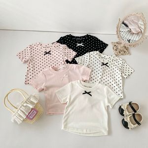 <span class=keywords><strong>Camiseta</strong></span> de Verano para Niña, Color Sólido con Puntos, <span class=keywords><strong>Manga</strong></span> <span class=keywords><strong>Corta</strong></span>, Lazo y Ribetes - Product Image 1