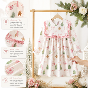 Abito Natalizio Rosa per Bambine Puresun con Stampa Omino <span class=keywords><strong>di</strong></span> Pan <span class=keywords><strong>di</strong></span> Zenzero e Menta, Maniche Lunghe e Volant, <span class=keywords><strong>Vestito</strong></span> Boutique per Feste Natalizie - Product Image 2