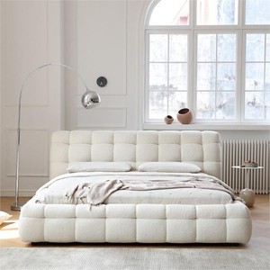 <span class=keywords><strong>Cama</strong></span> Queen-Size Moderna y <span class=keywords><strong>Minimalista</strong></span> de Estilo Puff, con Tapicería de Lana de Cordero Color Crema Estilo Marshmallow, Edición Original - Product Image 1