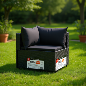 Canapé d'angle de patio en rotin noir, une place, mobilier de jardin extérieur avec coussin en mousse haute densité, structure en acier thermolaqué - Product Image 2