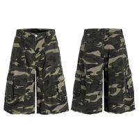 Shorts cargo unisexe 11KN personnalisables camouflage multi-poches - Short de travail à jambe large et ourlet brut en coton lavé de qualité supérieure