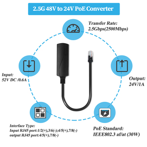 REVODATA 2.5G PoE 48V to 24V PoE Converter RJ45 24V/1A 2.5Gbps <strong>Ethernet</strong> Comply IEEE802.3af/at - Product Image 3