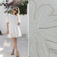 Dentelle brodée plate florale à grandes feuilles unilatérale, respirante, tricotée, style rustique, pour robe de mariée Qipao, faite à la main, blanc pur