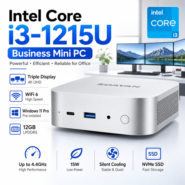 Intel Core I3-1215U Business Mini PC12GB LPDDR4 WiFi 6 Triple Display 4K Office Computer Windows 11 Pro