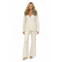 Ensemble deux pièces de luxe pour femme, pull en laine tricoté à col en V et pantalon, fourrure de renard véritable, motif uni, décontracté, automne/hiver, longueur complète