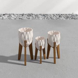 Maceta Moderna <span class=keywords><strong>de</strong></span> Cerámica Blanca para Decoración del Hogar FANGSHENG, Maceta Pequeña para <span class=keywords><strong>Cactus</strong></span> con Soporte <span class=keywords><strong>de</strong></span> Madera <span class=keywords><strong>de</strong></span> Bambú - Product Image 2