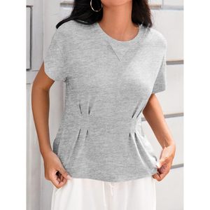 Camiseta Peplum Personalizada para Mujer, Manga Corta, Cuello Redondo, Corte Holgado Informal, Color Sólido, Camiseta de Verano de Largo Regular, Estilo Fluido - Product Image 3