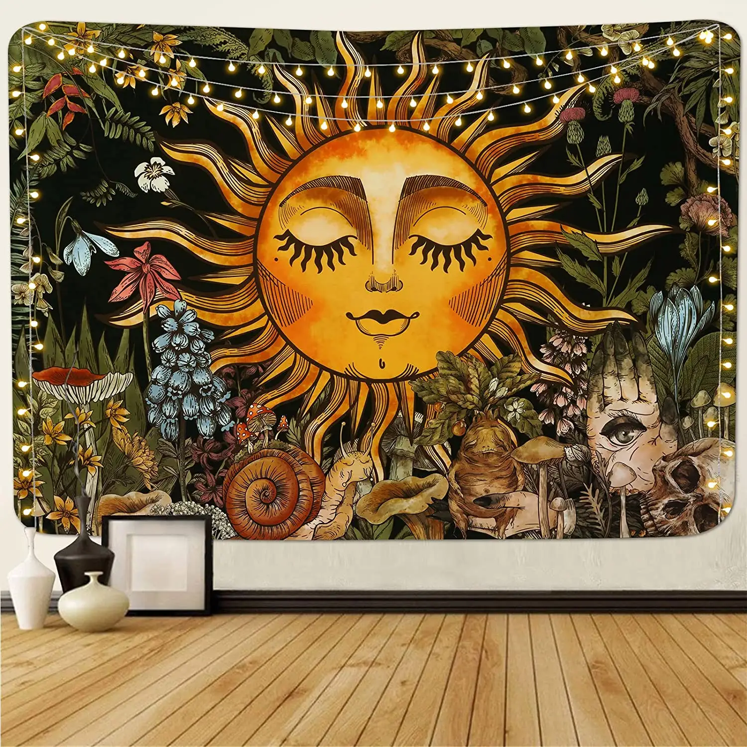 Burning Sun Tapestry Vintage Floral Psychedelic Mushroom Room Decor Aesthetic Plants and Leaves Tapestries Mystic Hippie Cloth