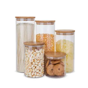 Airtight Food Jars with Bamboo Wooden Lids,Glass Food Storage Containers Set,Kitchen Canisters For Sugar,Candy, Cookie