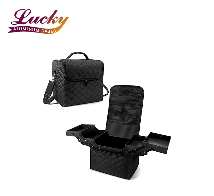 Black Portable PU Nail Art Bag for Woman Leather Bag with Trays Large Capacity Makeup Box Case with Shoulder Strap