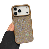 Étui de téléphone de luxe en PC rigide avec fleurs de rose scintillantes et diamants pour iPhone 17 Pro Max 16 Pro 15 14