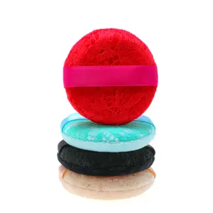 Venda por atacado de cosméticos ultra macios em forma redonda para puffs de malha colorida com fita de cetim