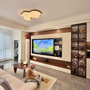 Mueble de <span class=keywords><strong>TV</strong></span> Estilo Rústico Personalizado con Instalación en Suelo, Iluminación LED, Mueble de Salón con Almacenamiento Oculto, Centro de Entretenimiento de Madera - Product Image 1