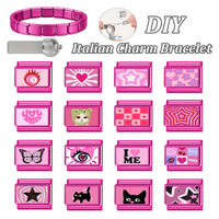 Bracelets à breloques modulaires italiens DIY en acier inoxydable rouge rosé, bijoux tendance à motifs étoile à cinq branches, chat et papillon