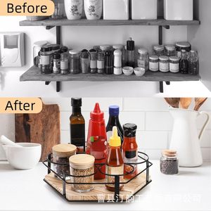 Présentoir rotatif transfrontalier en fer et bois pour sirops de café, bouteilles de vin, plateau paresseux et bouteilles d'assaisonnements - Product Image 3