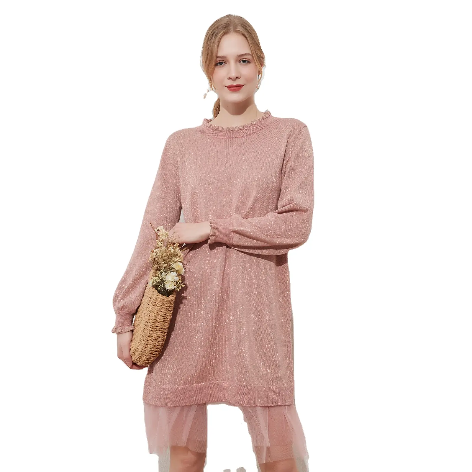 Fashion Autumn Winter Crew Neck Solid Thickened Womens Pullover Sweaters Knitwear with Lace Dress for Ladies/Women/Girl