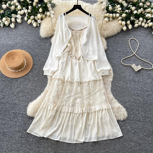 Ensemble de robe et <span class=keywords><strong>cardigan</strong></span> en dentelle pour femmes, style bohème, 2 pièces, pour le printemps et l'automne - Product Image 1