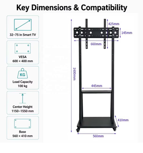 Support <span class=keywords><strong>TV</strong></span> mobile robuste taille 1300, chariot roulant réglable en hauteur pour écrans de <span class=keywords><strong>32</strong></span> à 75 pouces, VESA 600x400, montage au sol sans perçage - Product Image 5