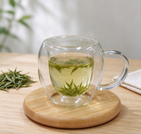 Mug en verre borosilicate à double paroi en forme de citrouille, 65 ml, avec poignée transparente et sous-verre en bambou pour café, thé, latte