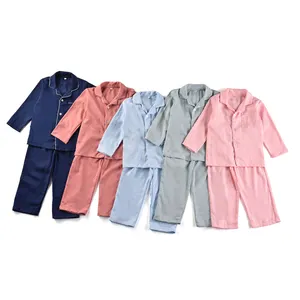 Rắn Màu Homewear Hữu Cơ Linen Nút Trẻ Em Bán Buôn Sofa Vải LANH NGỦ Pyjamas Cô Gái Đồ Ngủ Set