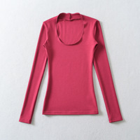 T-shirt moulant à col en V pour femme Qiu Chun, manches classiques, style Spice Girls, en tissu extensible Spandex/Coton, uni, teint, haut long de printemps