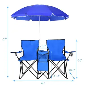 كرسي مزدوج مخصص من المصنع مع مظلة مع جليد مع مظلة كرسي تخييم مزدوج قابل للطي في الهواء الطلق