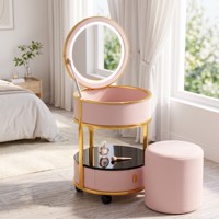 Station de maquillage moderne en acier inoxydable et bois de pin avec miroir LED 3 couleurs, chargeur de téléphone sans fil et roulettes universelles