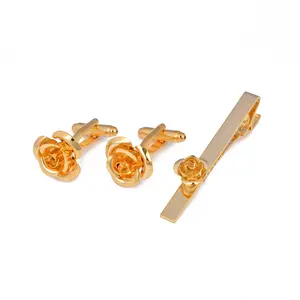 Kancing manset bunga mawar logam berlapis emas setelan Perancis kancing manset kemeja Set manset ulang tahun pernikahan klip dasi