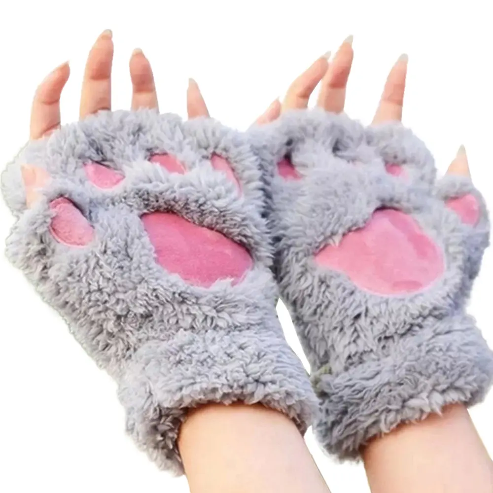 F34 Women Girl Lovely Winter Fleece Half Finger Gloves Cute Warm Cat Claw Paw Plush Fingerless Gloves