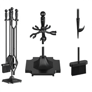 Black Metal Fireplace <b>Tool</b> <b>Set</b> with Poker Tongs Shovel Brush and Stand 5 Piece Traditional <b>Fire</b> <b>Tools</b> - Product Image 5