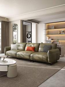 Canapé modulaire en cuir véritable vert olive moderne, trois places, pour salon - Product Image 3