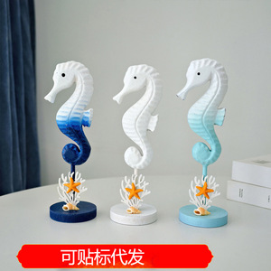 Adornos decorativos de caballito de mar con estrella de mar y coral, decoración del hogar hecha a mano de madera para sala de estar, dormitorio, estilo mediterráneo - Product Image 5