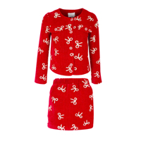 Ensembles de vêtements pour filles, ensemble jupe, veste courte en tweed rouge à manches longues, nœuds brodés, jupe mini taille haute, polyester/coton