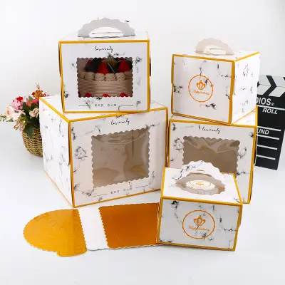 Caja para tartas con mango de papel, diseño de mármol, 4/6/8/10 pulgadas, con ventana transparente