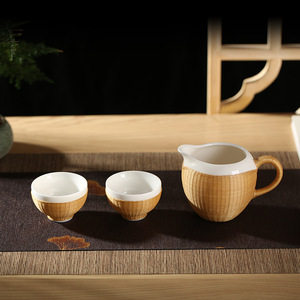 Bamboo Woven Porcelain Tea Set With Fairness Cup And Two <b>Teacups</b> Traditional Chinese Style Eco Friendly Gift For Tea Ceremony - Product Image 1