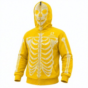 Men’s Yellow Skeleton Rhinestone Hoodie with Full Zip Balaclava Mask Crystal Skull Bone Pattern <b>Gothic</b> Hip Hop Streetwear <b>Jacket</b> - Product Image 1