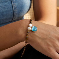 Bracelet en acier inoxydable plaqué or avec imitation perle œil de tigre, pendentif œil de chat bleu, chaîne trombone, bijoux pour femme, vente en gros, cadeau