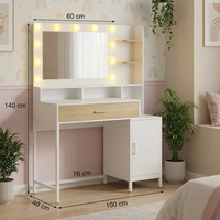 Coiffeuse LED design avec miroir éclairé, cadre métallique, étagères de rangement et panneau décoratif pour chambre moderne