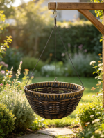 Panier suspendu pour plantes en ciment brun foncé, style américain, sculpté à la main, bord tressé triangulaire, 3 crochets métalliques, pour intérieur, extérieur, jardin