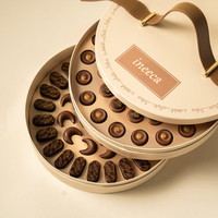Boîte à pâtisserie de luxe en papier avec poignée en cuir et logo personnalisé, double chocolat et dattes, emballage rond pour Ramadan, boîte cadeau pour chocolats et bonbons