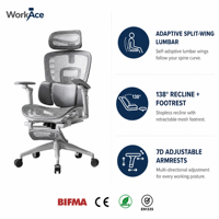 Silla de Oficina Ergonómica Moderna de Malla con Reposabrazos 7D, Reposacabezas 4D, Soporte Lumbar de 3 Zonas y Reposapiés Retráctil para Elevación a Gas, Certificación BIFMA CE, para Oficina en Casa